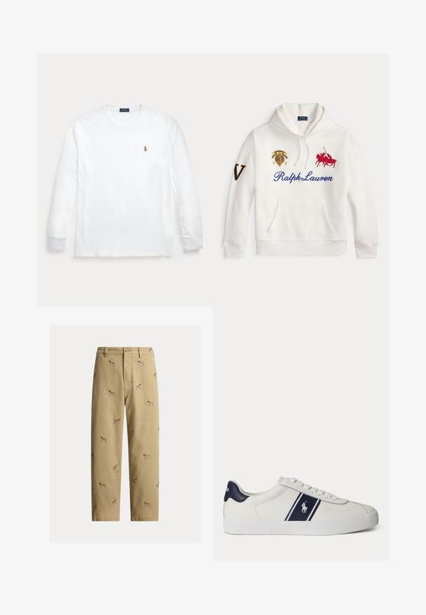 Witte hoodie met blauwe Ralph Lauren tekst, geborduurd rood polo speler logo, embleem op de borst en grote letter V op de linkermouw.; Witte longsleeve met ronde hals en klein geborduurd Polo Ralph Lauren-logo op de linkerborst.; Beige ribfluwelen broek met geborduurde hondendesigns, rechte pijp, en vijfzakkenstijl met een knoopsluiting aan de voorkant.; Witte lage sneaker met een donkerblauwe streep en logo aan de zijkant en donkerblauwe hieltab, platte witte zool en witte veters.
