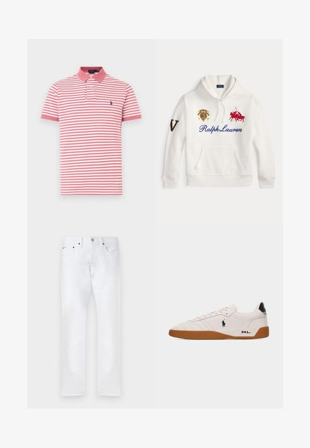 Hvid hættetrøje med blå Ralph Lauren tekst, broderet rødt polospiller-logo, våbenskjold på brystet og stort bogstav V på venstre ærme.; Kortærmet polo med skiftevis lyserøde og hvide striber, krave og en lille navyblå logo på venstre bryst. Bomuldsmateriale.; Hvide slim-fit jeans med fem lommer, knaplukning og bæltestropper, vist fladt på en hvid baggrund.; Hvid lav sneakers med brun gummisål, sort Polo Ralph Lauren-logo på siden og "RL" tekst på hælområdet.