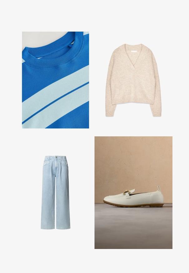 Beige neulepusero, jossa on syvä V-pääntie, leveät hihat ja lyhyt muoto. Tekstuurissa on pehmeä ja hieman pilkullinen pinta. Ei kiinnityksiä.; Sininen huppari, jossa on ribbireunus kaula-aukossa, ja siinä on vaakasuoria vaaleansinisiä raitoja sekä sileä pinta. Siisti muotoilu, pehmeä materiaali.; Vaaleansiniset leveälahkeiset farkut, valmistettu denimistä. Ominaisuuksina korkea vyötärö, kaksi etutaskua ja yksinäinen nappisuljenta. Puhtaan yksinkertainen muotoilu ilman kuvioita.; Kermansävyinen nahkasolmukas, jossa on kultainen solkiosio ja kumipohja, asetettuna teksturoidulle beigen sävyiselle matolle, taustalla puinen kahvipöytä ja kirjoja.