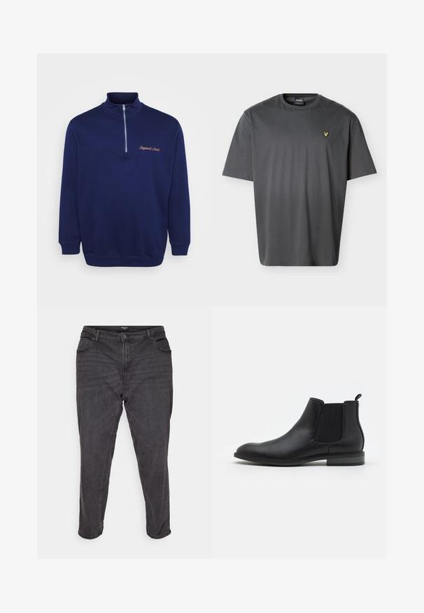 Marineblå halvpullover lavet af blød stof. Har en høj krave, ribbede manchetter og "Originals Studio" broderet i kontrastfarve.; Mørkegrå T-shirt med korte ærmer og rund hals, med lille gul fuglelogo på venstre bryst, vist på en hvid baggrund.; Sorte denim jeans med lige ben, der har en knaplukning, sidelommer og subtile falmninger, hvilket giver et klassisk udseende.; Sort læder Chelsea støvle med elastiske sidelapper, rund tå og trækflap, der har en lav blokhælt og glat overflade.