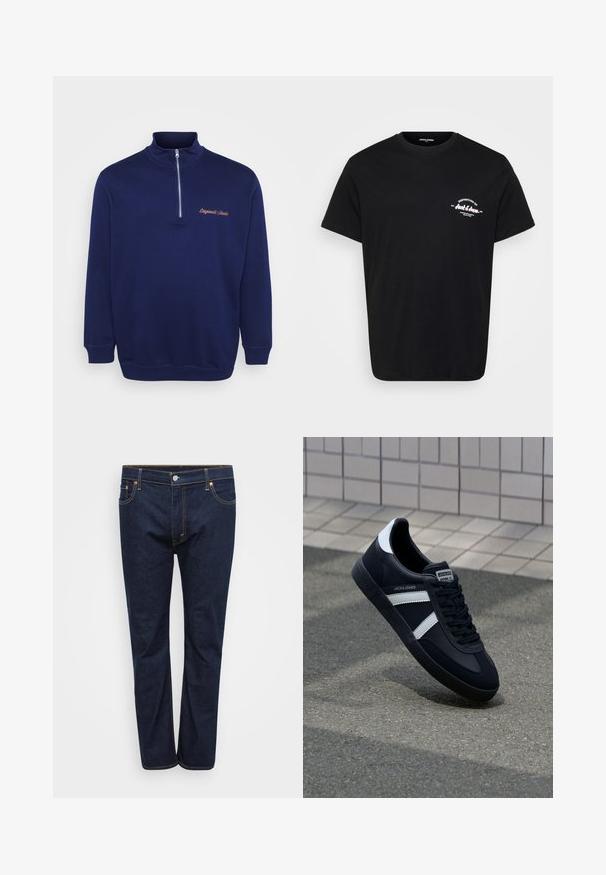 Marineblaue Halbzip-Sweatshirt aus weichem Material. Mit hohem Kragen, gerippten Bündchen und "Originals Studio" in kontrastierender Farbe gestickt.; Schwarzes Baumwoll-T-Shirt mit Rundhalsausschnitt, kurzen Ärmeln und einem weißen, gedruckten Logo auf der linken Brust. Klassischer Schnitt und glatte Textur.; Dunkelblaue Denim-Jeans mit geradem Bein, sichtbar abgenäht in kontrastierendem Gelb, fünf Taschen und einem vorderen Knopfverschluss.; Schwarze Leder-Sneaker mit weißen Streifen, strukturiertem Gummisohle und Schnürung. Verfügt über ein Markenetikett auf der Zunge.