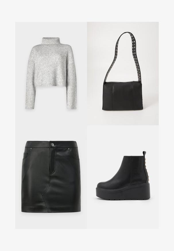 Grijze cropped sweater van ribbeltricot, met een hoge hals en lange mouwen, met een zachte textuur en subtiele kleurvariatie.; Zwarte nepleer mini-rok met een voorknop, ritsluiting, voor- en achterkant zakken, en naaddetail.; Zwarte nep leren enkellaarsjes met een chunky plateauzool, afgeronde neus en decoratieve tan accenten aan de zijkant.; Zwarte leren handtas met een rechthoekige vorm, voorzien van een ritsluiting en een stippenriem. Gladde textuur, minimale stiksel details.