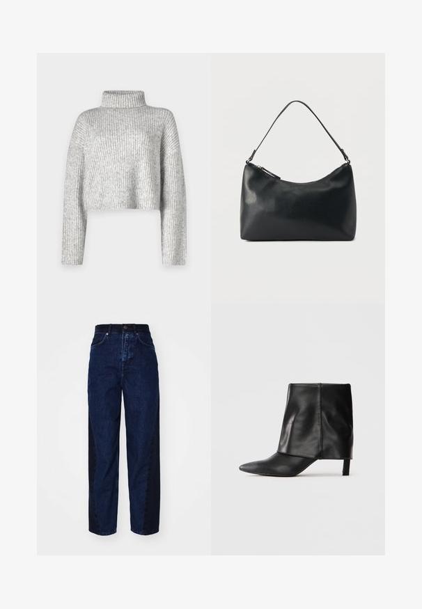 Grå cropped sweater lavet af ribstrikket stof, der har en høj krave og lange ærmer, med en blød tekstur og subtil farvevariation.; Mørkeblå denim jeans med en afslappet pasform, der har et kontrasterende mørkere sidepanel, fem lommer og en knapgylp.; Sort læderstøvle til midten af læggen med spids tå, foldet øvre skaft og slank lav hæl, der står på hvid baggrund.; Sort skuldertaske i struktureret læder med buet toplynlås og enkelt justerbar rem mod ensfarvet baggrund.
