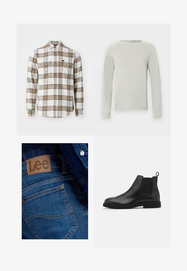 Lichtgrijs languit-shirt met een ronde hals, gestructureerde stof en raglanmouwen. Eenvoudig ontwerp, geen zichtbare logo's of patronen.; Lee CLEAN WESTERN - Overhemd - ecru ochre plaid; Close-up van de achterzak van een blauwe denim jeans met een bruin lederen Lee merklabel en zichtbare stikseldetails.; Zwarte leren Chelsea boots met elastische zijpanelen en een trekband. Ronde neus en platte rubberen zool, met een gladde afwerking.