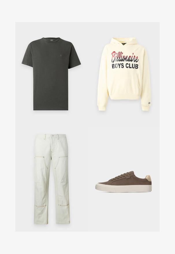 Sweat à capuche couleur crème avec une poche avant. Affiche le texte "Billionaire Boys Club" en lettres audacieuses noires et rouges. Tissu doux avec une coupe décontractée.; T-shirt en coton gris foncé avec un col rond et des manches courtes. Présente un petit logo discret sur le côté gauche de la poitrine. Texture lisse.; Pantalons cargo beige clair en coton, dotés de plusieurs poches, de coutures contrastantes et d'une coupe droite. Texture de tissu durable.; Baskets basses marron avec languette de talon beige, semelle épaisse blanche et lacets marron assortis sur un fond uni.