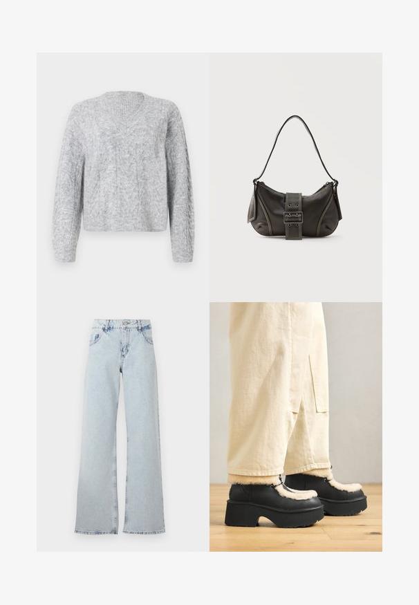 Grijze gebreide trui met een v-hals, voorzien van een gestructureerd patroon en ribbelmanchetten. Losse lange mouwen en cropped lengte. Zacht materiaal.; Lichtblauwe wijde jeans van denim, met een hoge taille, riemlussen, vijf zakken en vervaagde gebieden voor een vintage uitstraling.; Zwarte platformlaarzen met een ronde neus, voorzien van een fluffy crèmekleurige kraag en veters, gecombineerd met losse beige broek op een houten vloer.; Zwarte leren schoudertas met gespsluiting aan de riem, afgeronde hoeken en contrasterende witte stiksels op een effen achtergrond.