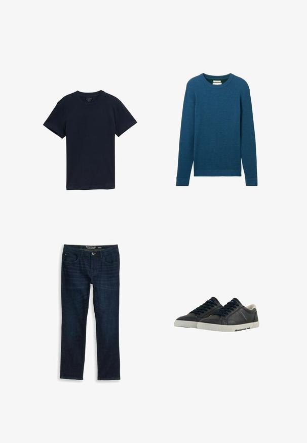 Türkiser Strickpullover mit langen Ärmeln, gerippter Textur, runder Halsauschnitt und geradem Saum. Dezente Nähte sind entlang der Nähte sichtbar.; Marineblaue Baumwoll-T-Shirt, kurze Ärmel, Rundhalsausschnitt, glatte Textur, einfaches Design, keine Muster oder Akzente, gerade Saumlinie.; Dunkelblaue Straight-Leg-Jeans mit Fronttaschen, Knopf- und Reißverschluss, Größe 32 von der Marke Tom Tailor.; Marineblaue Leder-Sneaker mit weißen Gummisohlen, runder Spitze und schwarzen Schnürsenkeln. Subtile Texturen und Branding an den Seiten. Lässiges Design.