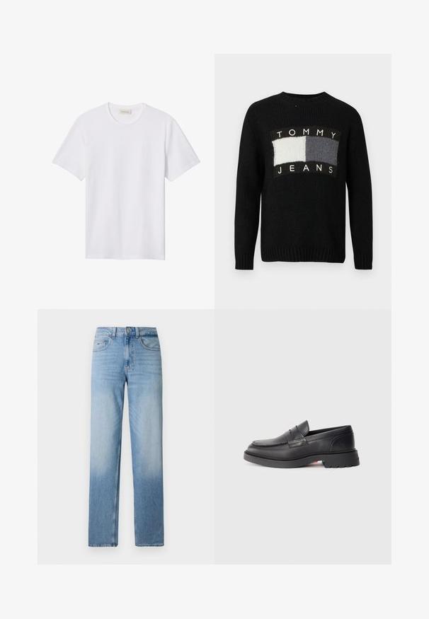 Zwarte gebreide trui met een ronde hals, voorzien van een centraal logo in witte en grijze rechthoekige blokken en geribbelde manchetten en zoom.; Effen wit T-shirt met korte mouwen en ronde hals, met een klein reliëflogo op de linkerborst en een merklabel binnenin de kraag.; Lichtblauwe spijkerbroek met een rechte pijp, vijf zakken, knoopsluiting en een lichte vervaging bij de dijen voor een versleten effect.; Zwarte leren instappers met een ronde neus, een verhoogde naad en een dikke rubbere zool. Eenvoudig ontwerp met minimale branding aan de zijkant.
