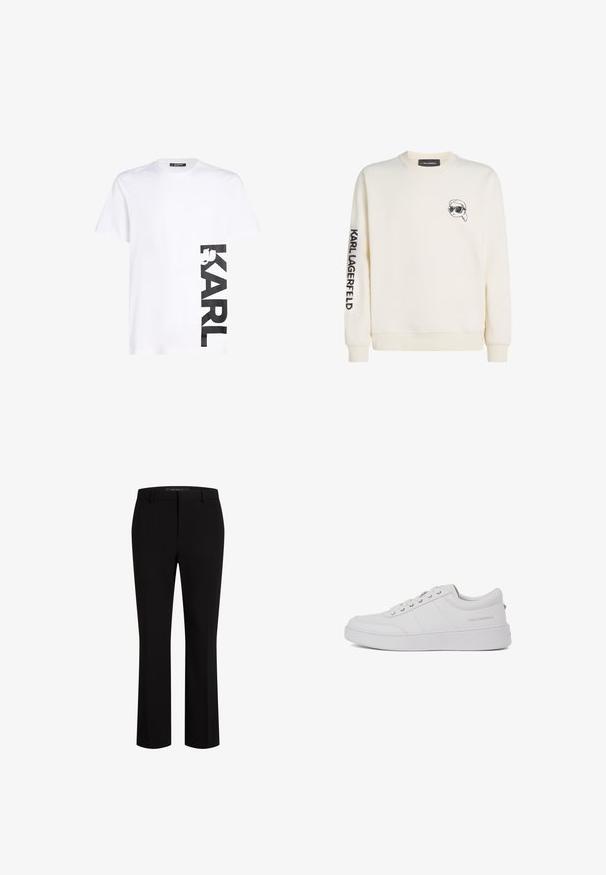 Crewneck-Pullover in Creme. Verfügt über eine kleine schwarze Grafik eines Gesichts mit Sonnenbrille auf der Brust und den Schriftzug "KARL LAGERFELD" auf dem Ärmel.; Weißes Baumwoll-T-Shirt mit großem schwarzem "KARL"-Logo auf der linken Seite, kurzen Ärmeln und klassischem Rundhalsausschnitt.; Schwarze maßgeschneiderte Hose aus glattem Stoff, mit geradem Beinschnitt, Gürtelschlaufen und Fronttaschen für zusätzliche Funktionalität.; Weiße Leder-Sneaker mit klassischem Low-Top-Design, flacher Sohle und dezentem Markenlogo an der Ferse. Verfügt über fünf Metallösen für die Schnürsenkel.