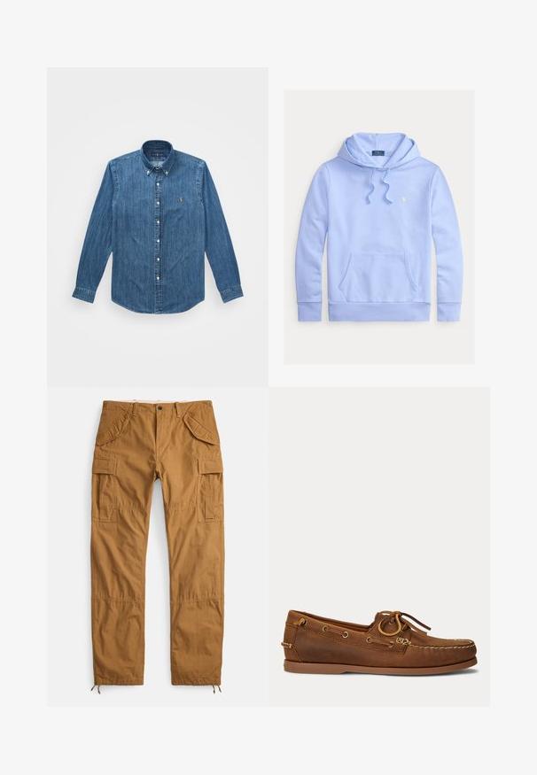 Lichtblauwe Polo Ralph Lauren hoodie met voorzak, capuchon met trekkoord en klein geborduurd logo op de linkerborst.; Denim overhemd met lange mouwen, knoopsluiting kraag en een subtiel verticaal streepjespatroon, in een middelblauwe kleur met een logoaccent.; Beige cargobroek van katoen, met meerdere zakken, een losse pasvorm en trekkoordzomen voor verstelbare lengte.; Bruine leren bootschoen met mocassinnaad, veterdetail doorgedreven door metalen oogjes en een platte rubberen zool, gezien van opzij.