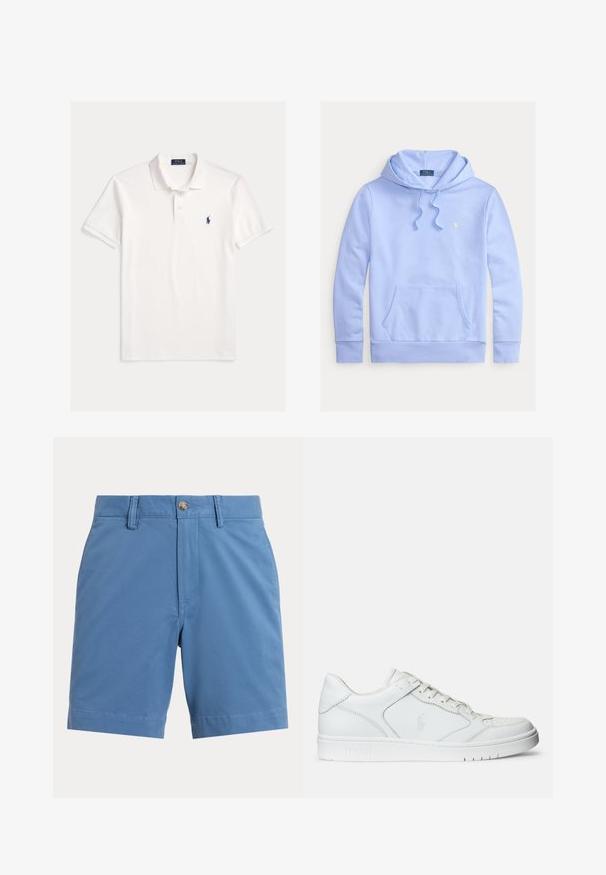 Hellblauer Polo Ralph Lauren Hoodie mit Fronttasche, Kapuze mit Kordelzug und kleinem besticktem Logo auf der linken Brust.; Weißes Polo Ralph Lauren Kurzarmhemd mit Kragen, Zweiknopfleiste und kleinem dunkelblau besticktem Pferdelogo auf der linken Brust.; Blaue Herren-Casual-Shorts mit Gürtelschlaufen, vorderem Knopf und Reißverschluss auf einfarbig hellem Hintergrund.; Weißer Ledersneaker mit glatter Textur, ausgestattet mit einer perforierten Zehenpartie, Schnürverschluss und gesticktem Logo an der Seite. Weiße Gummisohle.