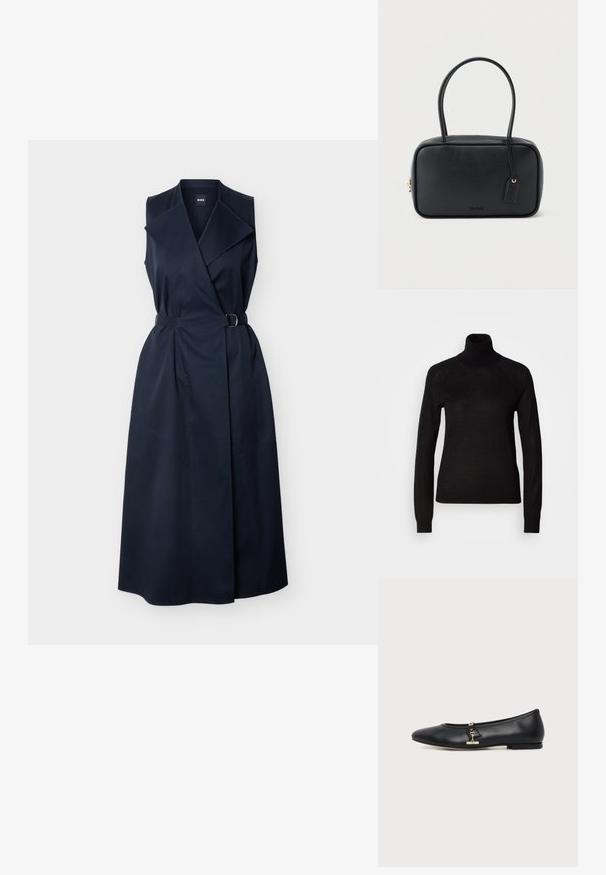 Pull à col roulé noir en tissu tricot léger. Avec des manches longues et une silhouette ajustée dotée de coutures raglan.; Robe portefeuille sans manches bleu marine avec col à revers large et taille ceinturée, longueur aux genoux, en tissu lisse.; Chaussure plate en cuir noir avec bout arrondi et petit détail de boucle dorée sur le côté, présentée sur un fond clair uni.; Sac à main rectangulaire noir avec doubles poignées arrondies, fermeture éclair dorée et logo "HUGO" embossé sur le devant avec une étiquette en cuir attachée.