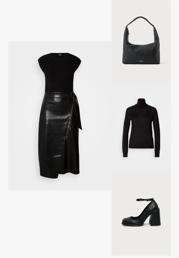 Suéter negro de cuello alto hecho de un tejido de punto ligero. Presenta mangas largas y una silueta ajustada con costuras raglán.; Vestido negro con parte superior ajustada y una falda de cuero fluida de largo midi. La falda tiene un cierre lateral y un lazo de tela en la cintura.; Zapato negro de cuero con tacón alto, punta redondeada y correa ajustable en el tobillo con hebilla dorada sobre fondo liso claro.; Bolso de hombro de cuero negro con asa trenzada, detalle de cremallera dorada y pequeño logo "HUGO" dorado en el centro frontal.