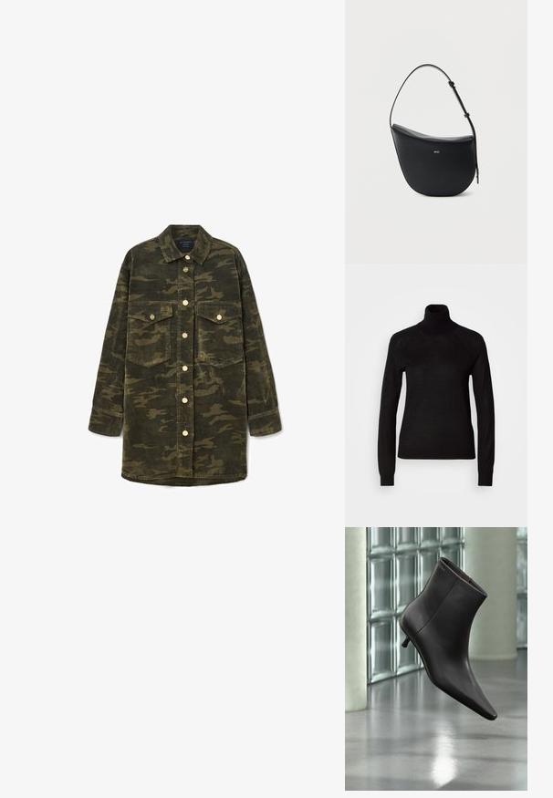 Sort turtleneck sweater lavet af et let strikket stof. Har lange ærmer og en tætsiddende silhuet med raglan-sømme.; Langærmet grøn og brun camo kordfløjl skjortejakke med krave, knaplukning foran og to brystlommer med klap.; Sort læderankelstøvle med spids tå og lille hæl vist mod en væg af glasblokke og poleret gulv baggrund.; Sort halv-måne skuldertaske i læder med justerbar rem og guld "BOSS"-logo centreret foran.