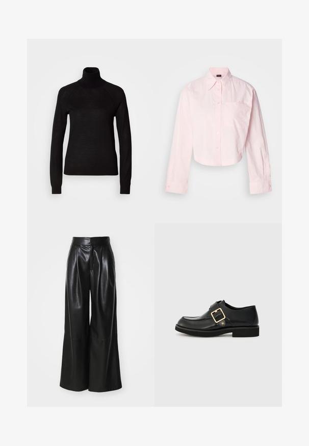 Suéter negro de cuello alto hecho de un tejido de punto ligero. Presenta mangas largas y una silueta ajustada con costuras raglán.; Camisa de botones de manga larga en color rosa claro, con un bolsillo en el pecho y detalles bordados en el bolsillo. Hecha de tela de algodón.; Pantalones de cuero sintético negros de pierna ancha con una cintura alta, frente plisado y textura suave. Presenta un diseño limpio y minimalista.; Zapato de cuero negro con punta redonda, que cuenta con una hebilla dorada y una suela de goma plana. Textura suave con detalles de costura sutil.