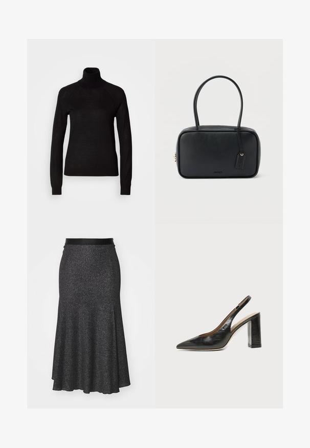 Sort turtleneck sweater lavet af et let strikket stof. Har lange ærmer og en tætsiddende silhuet med raglan-sømme.; Sort glitrende nederdel med flæser og en glat talje, lavet af tekstureret materiale, med en længere bagkant og en subtil glitrende effekt.; Sort læder peep-toe slingback sko med høj blokhæl og beige indvendig foring mod en ensfarvet lys baggrund.; Sort rektangulær håndtaske med dobbelte runde håndtag, gylden lynlås og præget "HUGO"-logo foran med fastgjort lædermærke.