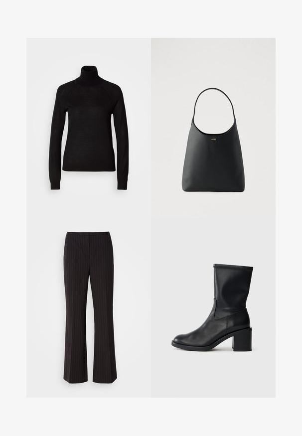 Pull à col roulé noir en tissu tricot léger. Avec des manches longues et une silhouette ajustée dotée de coutures raglan.; Pantalons larges à rayures noires, en tissu lisse, avec une taille mi-haute et un design frontal épuré. Pas de poches visibles.; Botte en cuir noir à cheville avec un bout rond, texture lisse et un talon épais, présentant un tige ajustée et un subtil détail de couture.; Sac à main en cuir noir avec une seule poignée courbée, texture lisse et un logo discret à l'avant. Design minimaliste et intérieur spacieux.