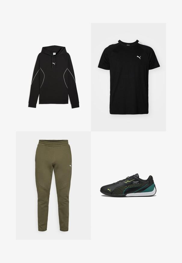 Sort, langærmet hættetrøje med snore, hvidt Puma-logo på brystet og buede hvide pipingsdetaljer på ærmer og sider.; Sort kortærmet t-shirt med hvide accentstriber på skuldrene, rund halsudskæring og lille hvidt logo på venstre bryst. Blødt stof, klassisk pasform.; Olivengrønne sweatpants med en tætsiddende pasform, elastisk talje og et lille hvidt logo på venstre side. Blødt stof med en glat overflade.; Sort lavtop sportsko med grønne accenter, Puma-logo, Aston Martin Formula One Team-branding og hvid sål.