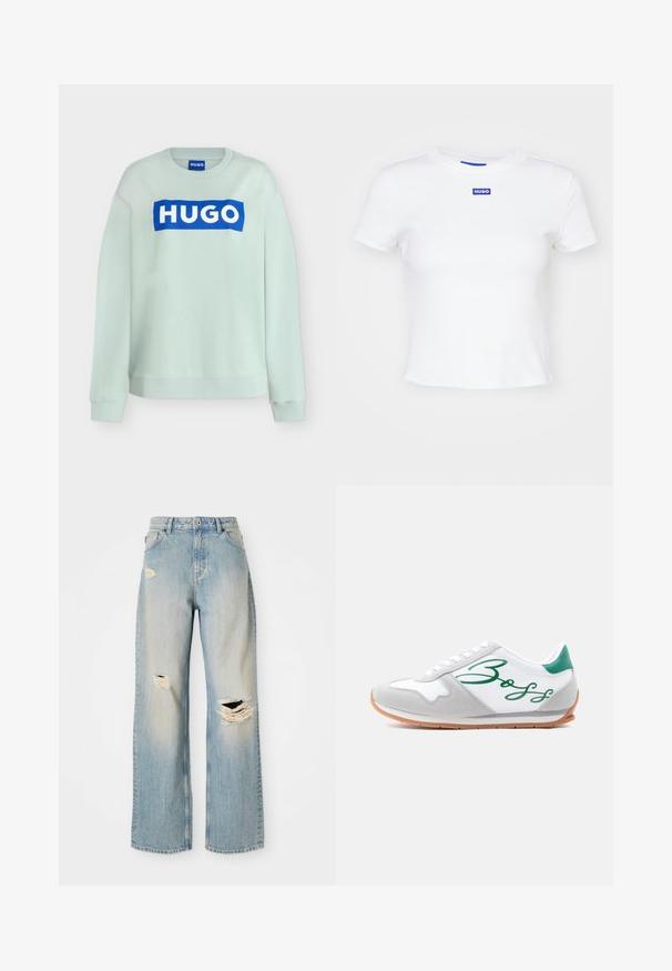 Lichtmintgroene trui met lange mouwen met een blauw rechthoekig logopatch met witte tekst "HUGO" op de borst.; Witte katoenen t-shirt met korte mouwen, ronde halslijn en een blauwe rechthoekige logo patch met de tekst "HUGO" op het midden voor.; Lichtblauwe rechte spijkerbroek met hoge taille, riemlussen en versleten scheuren op de linker bovenbeen, rechterknie en onder linkerpijp.; Lage sneaker met witte en grijze suède, groene hielstrook, gumkleurige zool en een groot groen cursief "Boss"-logo aan de zijkant.