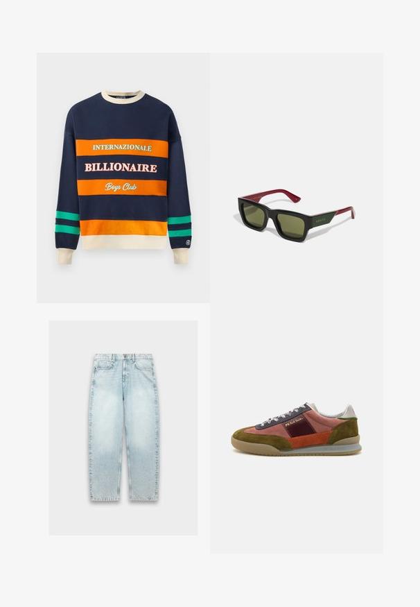 Marineblauer Sweatshirt mit orangefarbenen und grünen Streifen. Enthält den Text "INTERNATIONALE," "BILLIONAIRE" und "Boys Club" in kontrastierenden Schriftarten. Vertikale Streifen an den Ärmeln.; Helle blaue Denim-Jeans mit weitem Schnitt, geradem Bein, verblasster Textur, Fünf-Taschen-Design und Metallknopfverschluss am Bund.; PS Paul Smith DOVER - Sneaker low - pink; Schwarze rechteckige Sonnenbrille mit grün getönten Gläsern und tief roten Bügeln. Verfügt über das goldene "GUCCI"-Logo an der Außenseite eines Bügels.