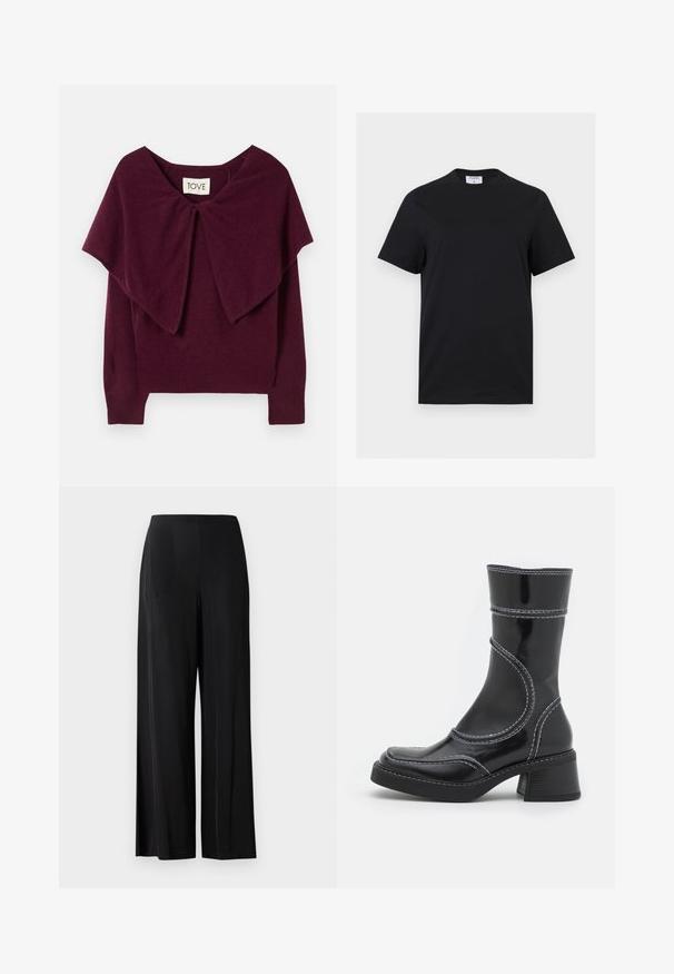 Bordeaux sweater med en draperet, bred krave, ribbede manchetter og kant. Har en sløjfedetalje ved halsen. Lavet af et blødt, tekstureret materiale.; Sort kortærmet T-shirt med rund hals og en hvid label med teksten "FILIPPA K" indeni bagpå kraven, vist på en hvid baggrund.; Sorte, brede bukser lavet af glat stof, med en høj talje og uden synlige lommer eller hardware. Gulvlængde design.; Sort patenteret læder ankelstøvle med hvid stikning, rund tå og blokhæl. Har buede designlinjer og en glat tekstur.