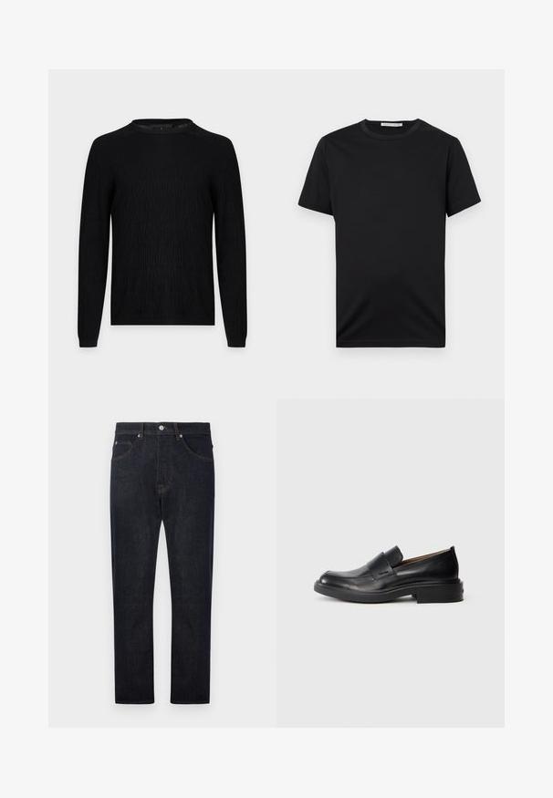 Sort langærmet sweater med subtil præget tekstmønster, rund halsudskæring og ribbet ærmekant, vist på en ensartet lys grå baggrund.; Sort, kortærmet T-shirt med rund hals og ensfarvet design, mærket "Tiger of Sweden" inde i kraven.; Mørkeblå denimjeans med lige ben-design, der har fem lommer, kontrastfarvet orange syninger og en knaplukning i taljen.; Sorte læder slip-on dress sko med lav hæl og subtil Calvin Klein logo på siden, vist i profil på en hvid baggrund.