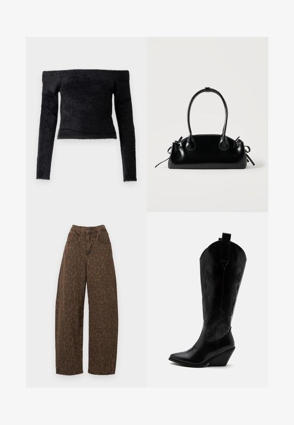Good American OFF SHOULDER LONG SLEEVE - Striktrøje - black; Brune leopardmønstret vidde ben jeans med høj talje, knaplukning og to forlommer. Fremstillet af denimstof med en glat overflade.; Sort læder cowboystøvle med spidst tåparti, skråt blokhælhæl, dekorative sømme og trækstropper øverst mod hvid baggrund.; Lille sort blank håndtaske med to lange håndtag og snøre-detaljer i siden på en ensfarvet lys baggrund.