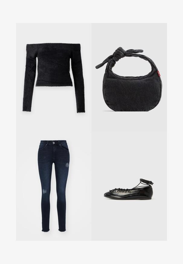 Good American OFF SHOULDER LONG SLEEVE - Strickpullover - black; Dunkelblaue Skinny-Jeans aus Denim, mit Rissen an den Knien, fransigem Saum, fünf Taschen und Knopfverschluss.; Schwarze Ballerinas aus Lackleder mit runder Spitze, Schnürdesign und flacher Sohle. Glatte Textur mit minimaler Verzierung.; Kleine schwarze Jeans-Umhängetasche mit geknotetem Riemen und Reißverschluss, mit einem roten Levi's Stoffetikett an der Seite.