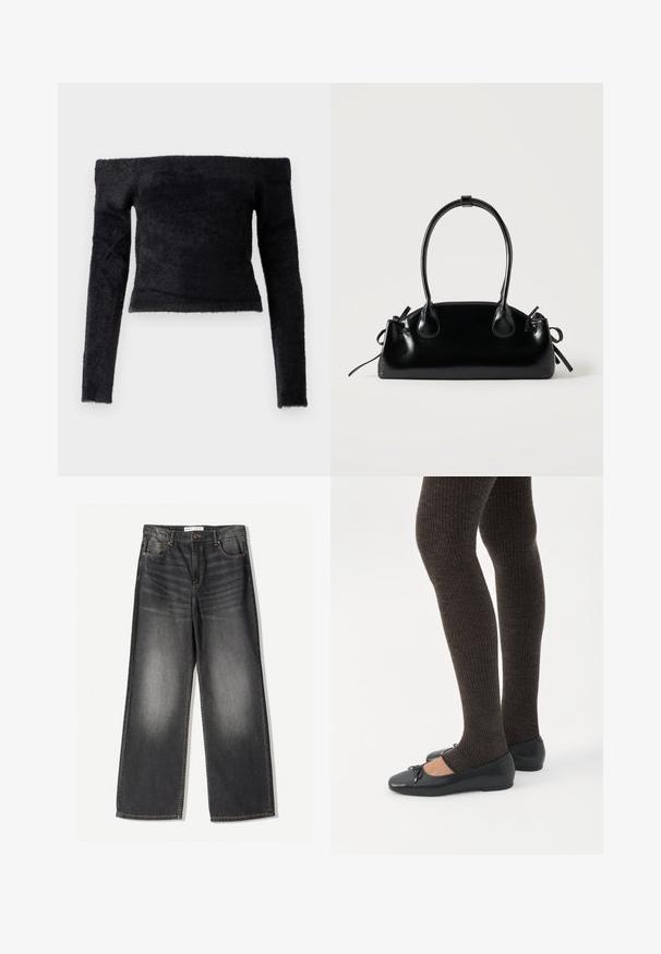Good American OFF SHOULDER LONG SLEEVE - Striktrøje - black; Mørkegrå brede jeans lavet af denim, med fem lommer, en frontlynlås og kontrastfarvet syninger langs sømmene.; Ben iført mørke ribbede leggings kombineret med sorte balletsko med små sløjfedetaljer på hvid baggrund.; Lille sort blank håndtaske med to lange håndtag og snøre-detaljer i siden på en ensfarvet lys baggrund.