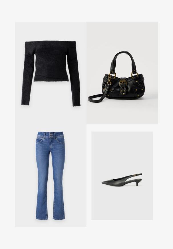 Good American OFF SHOULDER LONG SLEEVE - Svetrík - black; Modré denimové džínsy s rozšírenými nohavicami, s dvojitým zapínaním, piatimi vreckami a jemným ošúchaním na prednej strane.; Čierne body topánky s otvorenou pätou vyrobené z hladkej kože. Zobrazuje tenké opätky a ozdobný detail s prackou na nastaviteľnom popruhu.; Čierna kožená kabelka so zlatou prackou a nitmi, krátkymi rúčkami a nastaviteľným popruhom cez rameno na čistom bielom pozadí.