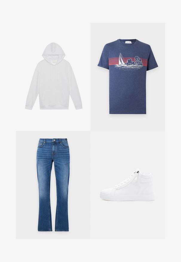 Hoodie blanco de manga larga con bolsillo frontal y cordones, extendido sobre un fondo liso, etiqueta que dice "Pier One" dentro del cuello.; Camiseta azul marino con rayas horizontales rojas y un velero blanco sobre el agua con nubes, el texto dice "Ride The Wind".; Vaqueros acampanados de mezclilla en azul medio. Presentan un diseño de cinco bolsillos, detalles cosidos, un cierre de botón y una textura ligeramente desgastada en las piernas.; Zapatilla alta blanca hecha de material sintético liso. Cuenta con un zipper en el lateral, puntera redonda y suela de goma texturizada.