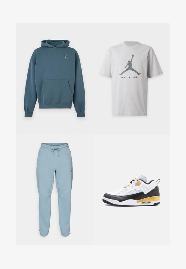 Mørk teal hættetrøje med kanguru-lomme foran og lille hvid Jumpman-logo på venstre bryst.; Hvid T-shirt med korte ærmer med grå silhuet af en basketballspiller, der hopper, og ordet "AIR" trykt under figuren.; Lysblå sweatpants lavet af blødt stof, med elastisk talje og snøre, sidelommer og et lille sort logo på låret.; Hvid og sort sneaker med guld accenter; tekstureret læder og mesh overdel, polstret krave og synlig luftdæmpning i sålen.