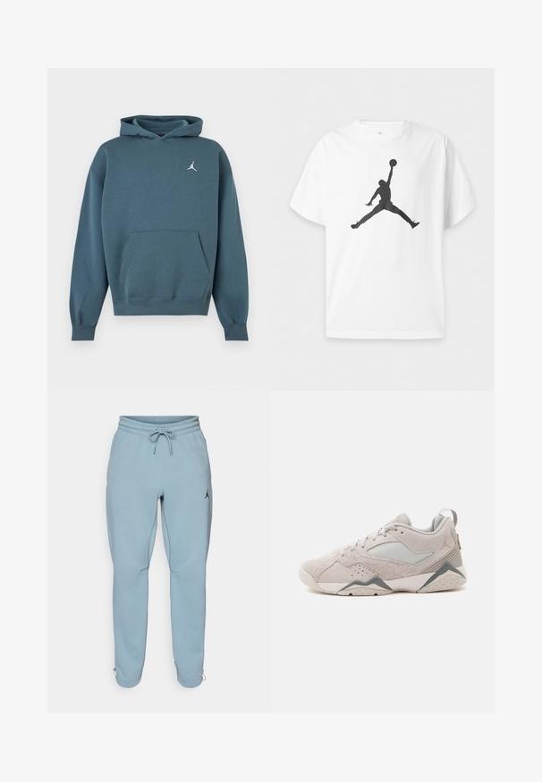 Mørk teal hættetrøje med kanguru-lomme foran og lille hvid Jumpman-logo på venstre bryst.; Hvid t-shirt med korte ærmer med en sort silhuet af en basketballspiller, der hopper og holder en bold over hovedet i luften.; Lysblå sweatpants lavet af blødt stof, med elastisk talje og snøre, sidelommer og et lille sort logo på låret.; Lysegrå atletisk sneaker med ruskind og mesh paneler, snørebåndslukning og grå zigzag-detaljer på den hvide sål.