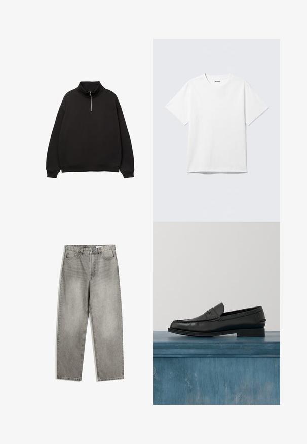 Pull noir à manches longues avec col montant et fermeture éclair demi-devant, poignets et ourlet côtelés, sur fond blanc.; T-shirt blanc à manches courtes et col rond, étalé à plat, design uni, avec l'étiquette "WEEKDAY" à l'intérieur du col sur un fond clair.; Pantalons en denim gris avec une coupe droite, dotés de poches avant, d'une fermeture à bouton et d'une texture légèrement décolorée.; Mocassins noirs en cuir avec un design élégant, comportant un bout cousu et une finition lisse. La chaussure possède un talon bas et un minimum de détails.