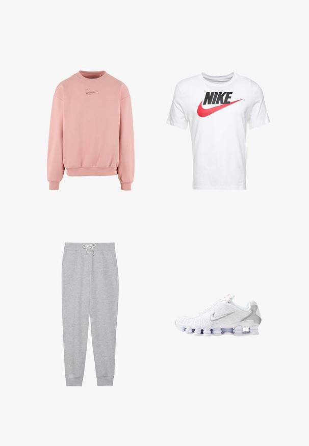 Hellrosa Sweatshirt mit langen Ärmeln, gerippten Bündchen und Saum sowie kleinem kursivem Logo mittig nahe dem Halsausschnitt.; Weißes Baumwoll-T-Shirt mit einem großen schwarzen "NIKE"-Logo und einem roten Swoosh. Kurze Ärmel und Rundhalsausschnitt. Einfacher, klassischer Stil.; Graue Sweatpants aus weichem Stoff, mit einem elastischen Bund und einem Kordelzug, seitlichen Taschen und gerippten Bündchen an den Knöcheln.; Weiße Sportschuhe mit einer strukturierten Oberseite, einem silbernen Swoosh-Logo, Mesh-Einsätzen und einer markanten, segmentierten weißen Sohle.