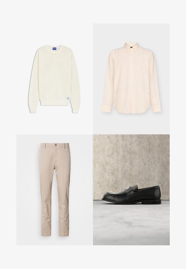 Kremfarvet strikket trøje med lange ærmer, ribstrikkede manchetter og kant, med et blåt "HUGO"-mærke ved halsudskæringen og nederste kant.; Langærmet beige skjorte med knapper og subtile lodrette striber samt klassisk krave, vist på en ensfarvet lys baggrund.; Beige bomulds chinos med lige pasform, bæltestropper, en enkelt frontknap og en glat, utextureret overflade. Ingen lommer er synlige.; Sort læderloafer med metalbrandskilt hvilende nær et brunt rundt bord på beige tæppe.