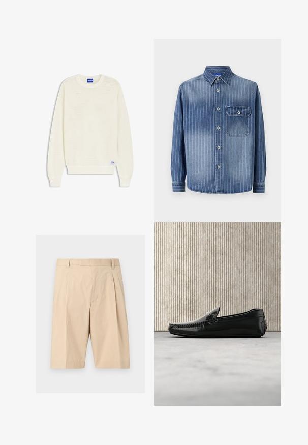 Pull à manches longues en maille de couleur crème avec poignets et ourlet côtelés, doté d'une étiquette bleue "HUGO" au niveau de l'encolure et de l'ourlet inférieur.; Chemise en denim avec des rayures verticales bleu clair, col classique, fermeture à boutons, poche sur la poitrine gauche et manches longues avec poignets boutonnés.; Shorts beige mi-long cintrés avec passants pour ceinture, plis à l'avant et fermeture éclair cachée sur le devant.; Mocassins en cuir noir avec une finition brillante, bout rond et quincaillerie décorative à l'avant. Semelle en caoutchouc à profil bas. Texture lisse.