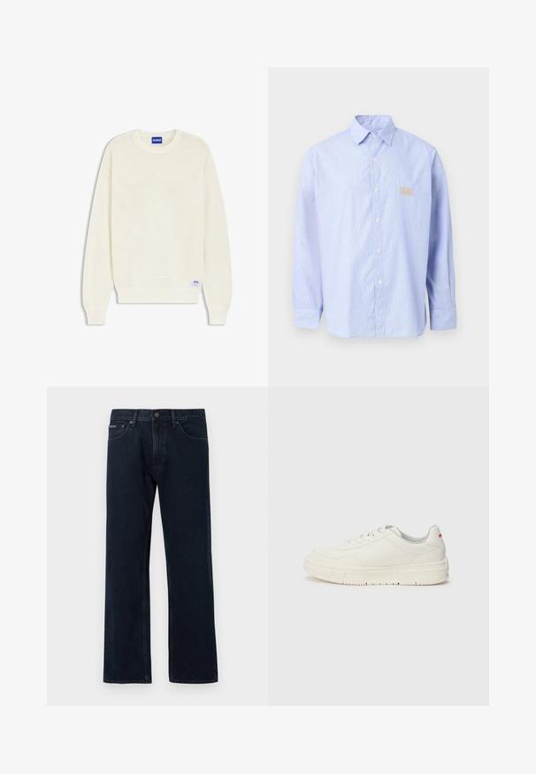 Crème kleurige gebreide trui met lange mouwen en geribbelde boorden en zoom, met een blauwe "HUGO" label bij de halslijn en onderzoom.; Lichtblauw overhemd met lange mouwen, knoopsluiting, kraag en een klein beige geborduurd patch op de borst, weergegeven op een effen achtergrond.; Donkerblauwe jeans met rechte pijpen, voorste knoop- en ritssluiting, voorzakken en riemlussen.; Witte sneakers met een glad leren bovenwerk, ronde neus, platte veters en een gestructureerde rubberen zool. Een rode accent op de hiel.