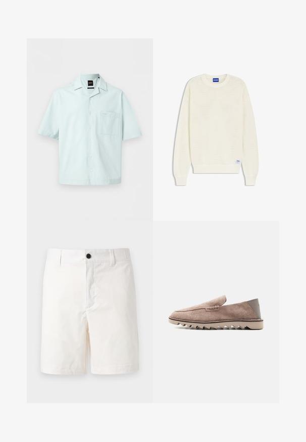 Pull à manches longues en maille de couleur crème avec poignets et ourlet côtelés, doté d'une étiquette bleue "HUGO" au niveau de l'encolure et de l'ourlet inférieur.; Chemise bleu clair à manches courtes avec col, poche poitrine et petit logo brodé au-dessus de la poche.; Shorts blancs jusqu'aux genoux avec passants pour ceinture et un bouton noir à la taille, présentés sur un fond clair uni.; Mocassin en daim marron clair avec semelle en caoutchouc en zigzag et patch talon lisse, vue latérale sur fond blanc uni.