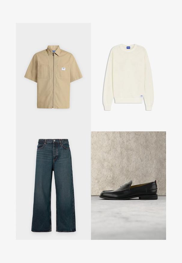 Pull à manches longues en maille de couleur crème avec poignets et ourlet côtelés, doté d'une étiquette bleue "HUGO" au niveau de l'encolure et de l'ourlet inférieur.; Chemise beige à manches courtes avec fermeture éclair à l'avant, deux poches poitrine et un petit patch logo blanc sur la poche droite.; Jean denim bleu foncé à jambe large avec fermeture à bouton avant, fermeture éclair et design à cinq poches, présenté sur un fond blanc.; Mocassin pour homme en cuir noir avec un dessus embossé effet croco et un petit talon, présenté de profil sur un fond neutre.