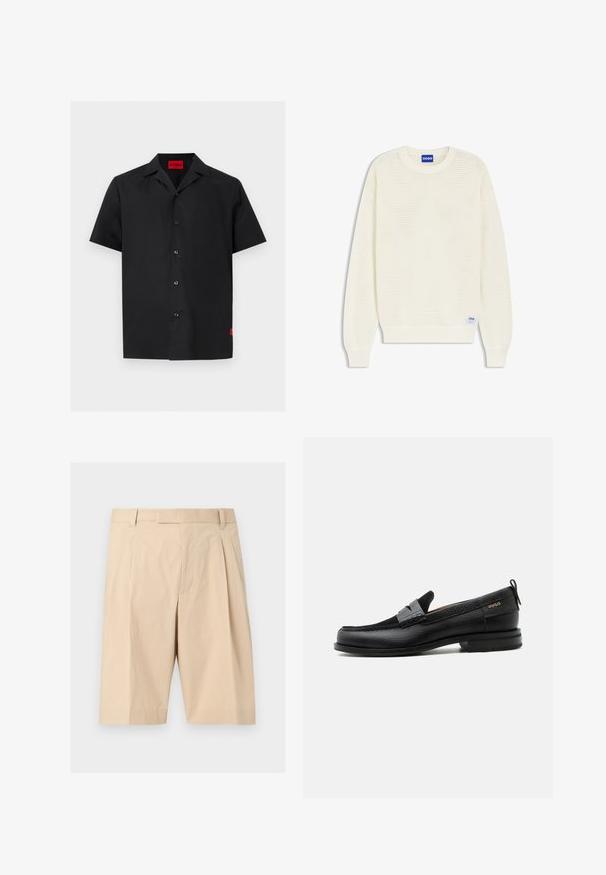 Pull à manches longues en maille de couleur crème avec poignets et ourlet côtelés, doté d'une étiquette bleue "HUGO" au niveau de l'encolure et de l'ourlet inférieur.; Chemise noire à manches courtes avec boutons, col camp et une étiquette rouge « HUGO » à l'intérieur de l'encolure ainsi qu'une petite étiquette rouge sur le bas côté.; Shorts beige mi-long cintrés avec passants pour ceinture, plis à l'avant et fermeture éclair cachée sur le devant.; Mocassin en cuir noir avec détail de bride grise, talon bas et semelle texturée, marqué "HUGO" en or sur le côté.