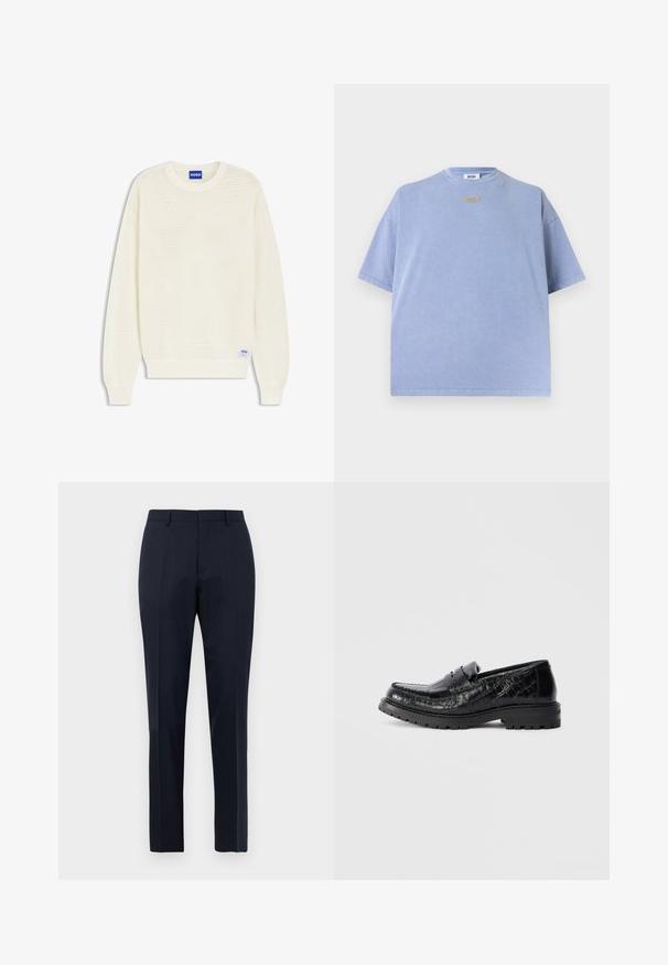 Cremefarbener, langärmeliger Strickpullover mit gerippten Bündchen und Saum, versehen mit einem blauen "HUGO"-Etikett am Halsausschnitt und am unteren Saum.; Hellblaues übergroßes T-Shirt mit kurzen Ärmeln und Rundhalsausschnitt sowie einem kleinen beigefarbenen Etikett mit der Aufschrift "GCDS" unterhalb des Halsausschnitts.; Marineblaue, maßgeschneiderte Herrenhosen mit subtilen Karomuster, Gürtelschlaufen und Bügelfalte, frontal auf weißem Hintergrund präsentiert.; Schwarzer Loafer aus Leder mit Krokodilleder-Textur, robustem Absatz und Penny-Strap, Seitenansicht, isoliert auf hellgrauem Hintergrund.