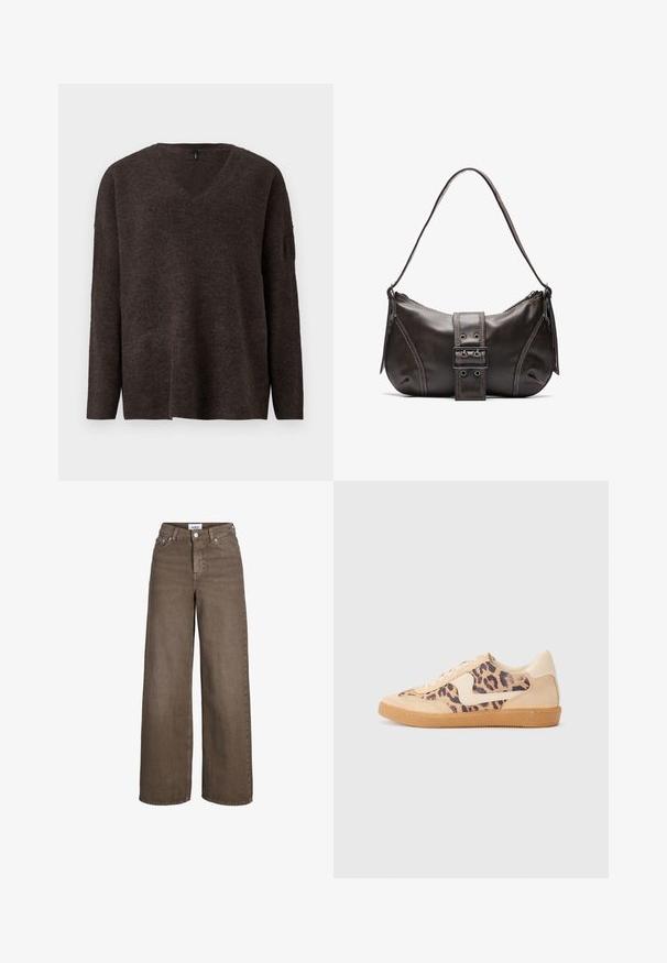 Mørkebrun, v-hals sweater med lange ærmer og løs pasform. Blød tekstur og let ribbede manchetter og kant. Ingen synlige logoer.; Brune højttaljede viddebenjeans med frontknap og lynlås, for- og baglommer samt bæltestropper.; Leopardprint sneakers med beige ruskindsoverdel, tan gummisål og hvide detaljer. Rund pegefinger og snørebåndsdesign med en tekstureret finish.; Brun læder skuldertaske med en buet form, der har et fremtrædende spænde, kontrasterende syninger og en enkelt skulderrem.