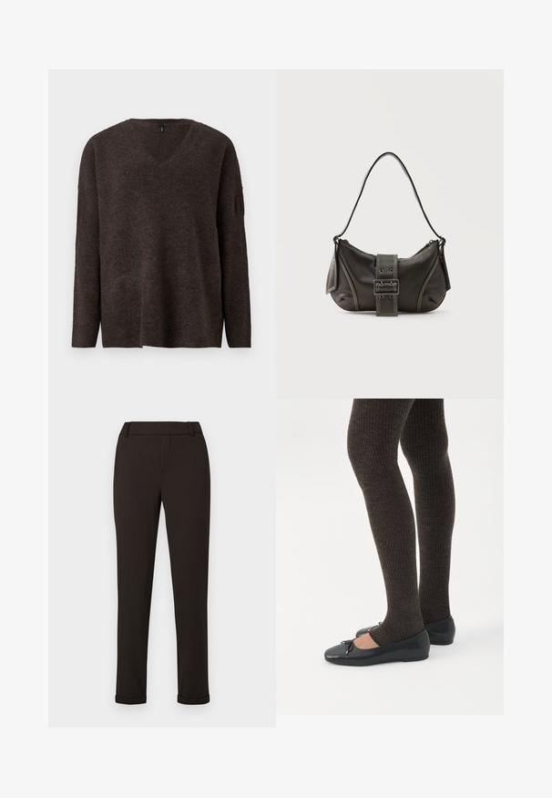 Pull en v noir, marron foncé, avec des manches longues et une coupe décontractée. Texture douce et légère nervure aux poignets et à l'ourlet. Pas de logos visibles.; Pantalon slim noir avec passants de ceinture et poignets sur fond blanc uni.; Jambes portant des leggings côtelés foncés associés à des ballerines noires avec de petits détails en nœud sur fond blanc.; Sac à épaule en cuir noir avec une sangle à boucle, des bords arrondis et des coutures blanches contrastées sur un fond uni.
