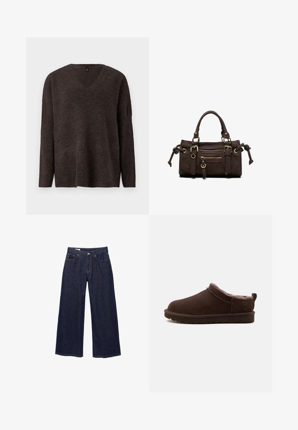Mørkebrun, v-hals sweater med lange ærmer og løs pasform. Blød tekstur og let ribbede manchetter og kant. Ingen synlige logoer.; Mørkeblå vidde jeans med lommer foran, bæltestropper og knaplukning.; Brun slip-on hjemmesko med blød, plyssåle og flad gummisål, designet til indendørs komfort og varme.; Mørkebrun læderhåndtaske med dobbelte håndtag, forreste lynlåslomme, dekorative spænder og sideknuder på hvid baggrund.