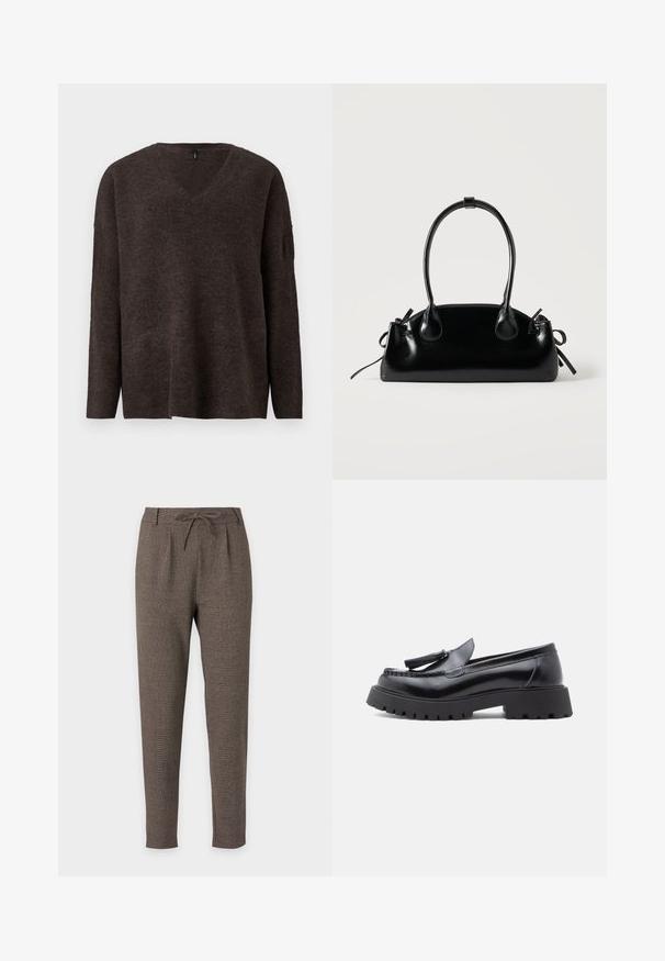Mørkebrun, v-hals sweater med lange ærmer og løs pasform. Blød tekstur og let ribbede manchetter og kant. Ingen synlige logoer.; Brune tapered bukser med snøre i taljen og båndsøm, lavet af tekstureret stof, vist på en hvid baggrund.; Sorte læderloafer med spids snit, kvastdetalje og chunky gummisål med slidmønster for godt greb.; Lille sort blank håndtaske med to lange håndtag og snøre-detaljer i siden på en ensfarvet lys baggrund.