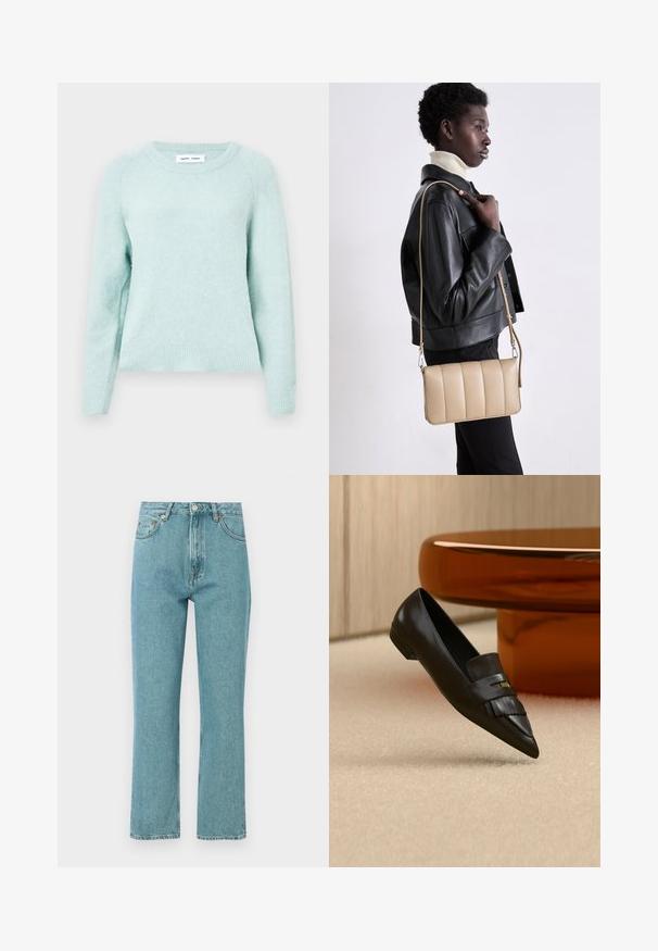Licht mintgroene pullovertrui van zacht, gestructureerd stof. Heeft een ronde halslijn en geribde manchetten. Klassieke pasvorm met raglanmouwen.; Lichtblauwe, high-waisted jeans met een rechte pijpdesign. Gemaakt van denim, met voorzakken en een knoopsluiting.; Zwarte leren loafer met puntige neus en franjedetail, geplaatst op een beige tapijt naast een ronde oranje glazen tafel.; Beige leren crossbody tas met een gequilt ontwerp, rechthoekige vorm, dunne schouderband en zilverkleurige hardware, gedragen door een persoon in een zwarte jas.