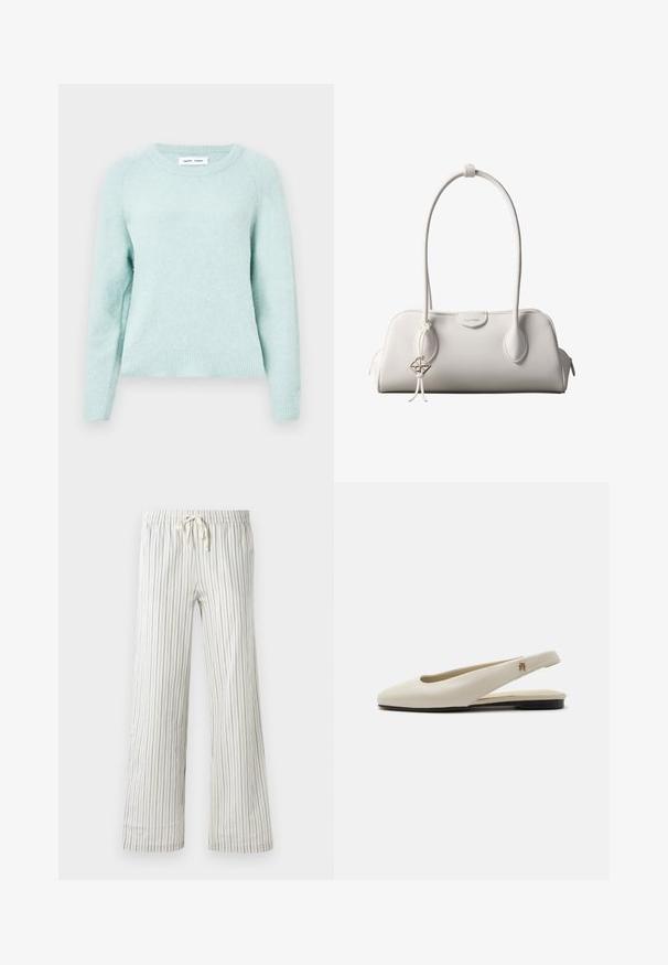 Pull en tricot de couleur vert menthe clair, fabriqué à partir d'un tissu doux et texturé. Présente un col rond et des poignets côtelés. Coupe classique avec des manches raglan.; Pantalon blanc à cordon de serrage avec de fines rayures verticales bleues et une taille élastique, présenté de face sur un fond uni.; Chaussure plate slingback en cuir couleur crème avec un bout arrondi et un petit emblème doré sur la bride.; Sac à bandoulière blanc Calvin Klein avec longues poignées, forme rectangulaire, fermeture éclair et charm logo décoratif suspendu près de la poignée.