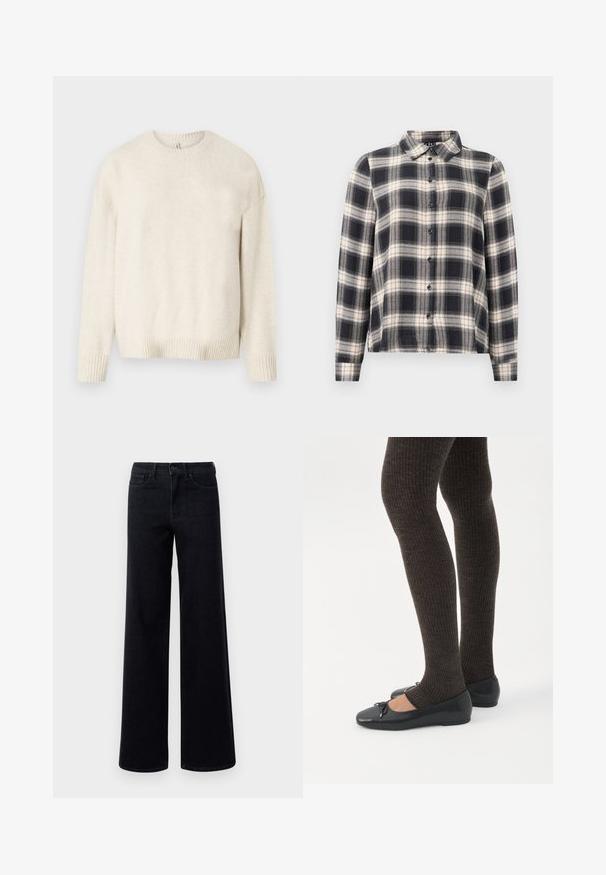 Lys beige sweater lavet af blødt stof, med rund halsudskæring, lange ærmer og ribbede manchetter og kant. Enkelt, klassisk design.; Langærmet ternet skjorte i navy, hvid og beige. Har standard krave, knaplukning fortil og blødt stof med ternet mønster.; Bredde ben sorte denim jeans med høj talje, der har standardlommer og knaplukning. Glat tekstur med en let stræk.; Ben iført mørke ribbede leggings kombineret med sorte balletsko med små sløjfedetaljer på hvid baggrund.