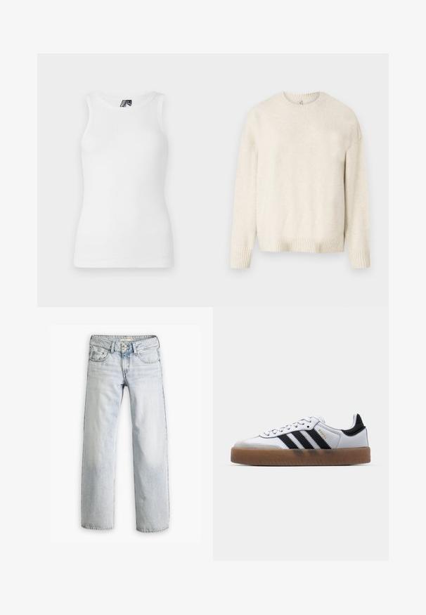 Lys beige sweater lavet af blødt stof, med rund halsudskæring, lange ærmer og ribbede manchetter og kant. Enkelt, klassisk design.; Hvid ribbet tanktop med rund halsudskæring og ærmeløst design, lavet af en blød bomuldsblanding med en tætsiddende silhuet.; Lyseblå denimjeans med en afslappet pasform, høj talje og fem-lomme design. Har syning detaljer og knaplukning.; Hvide lædersneakers med sorte striber, gummirubber sål, rund tå, snørelukning og blød grå ruskinds tåhætte.